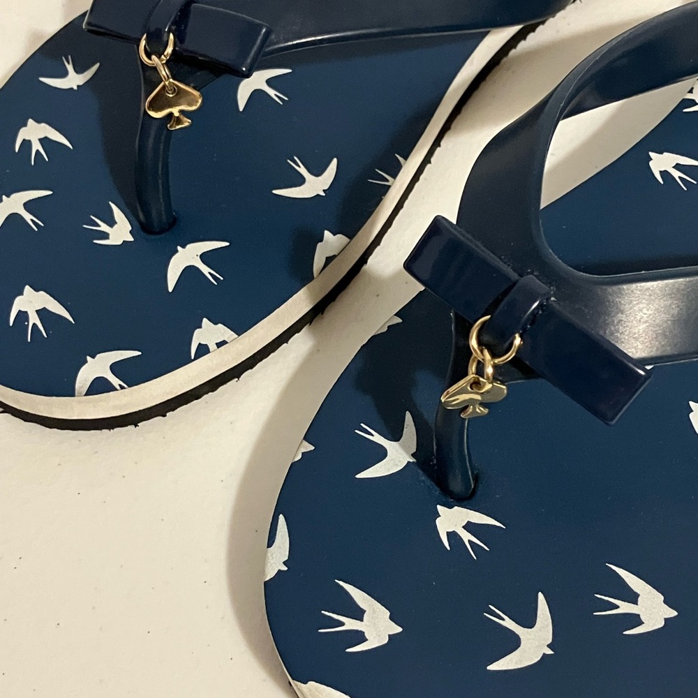 Kate Spade Blue and White Bird Print Slippers